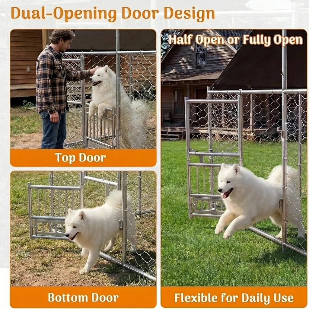 Dual-Openning Door Designed Heavy Duty Large Outdoor Dog Kennel with 200D Waterproof UV-Resistant Roof and 360° Rotate Dog Bowls