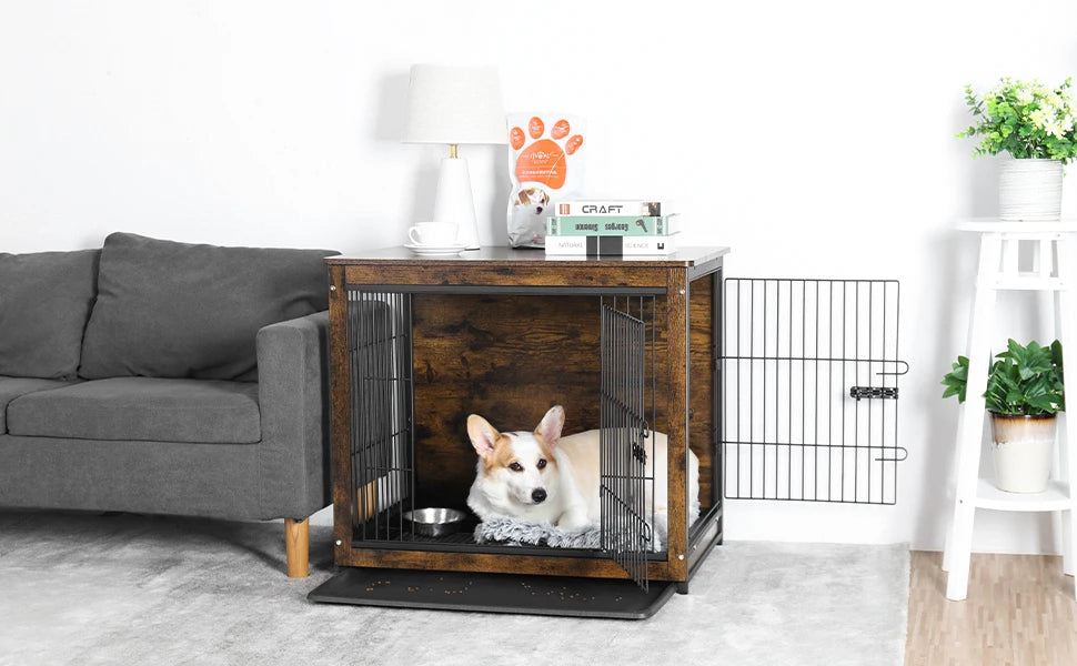 Spacious Brown Wooden Dog Cage End Table Pet Kennel Crate Indoor Furniture for Medium to Large Dogs Animal Cage