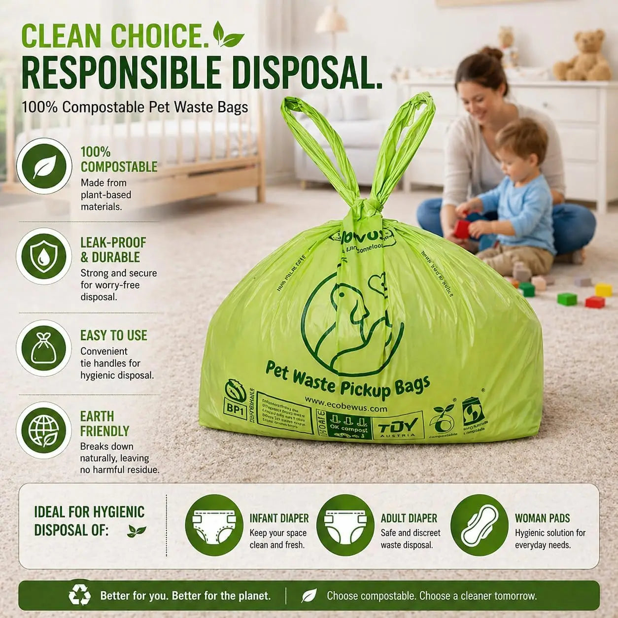 XL Compostable Dog Poop Bags (120 ct) - Plant-Based, Leak-Proof, ASTM D6400 & OK Compost Home Certified