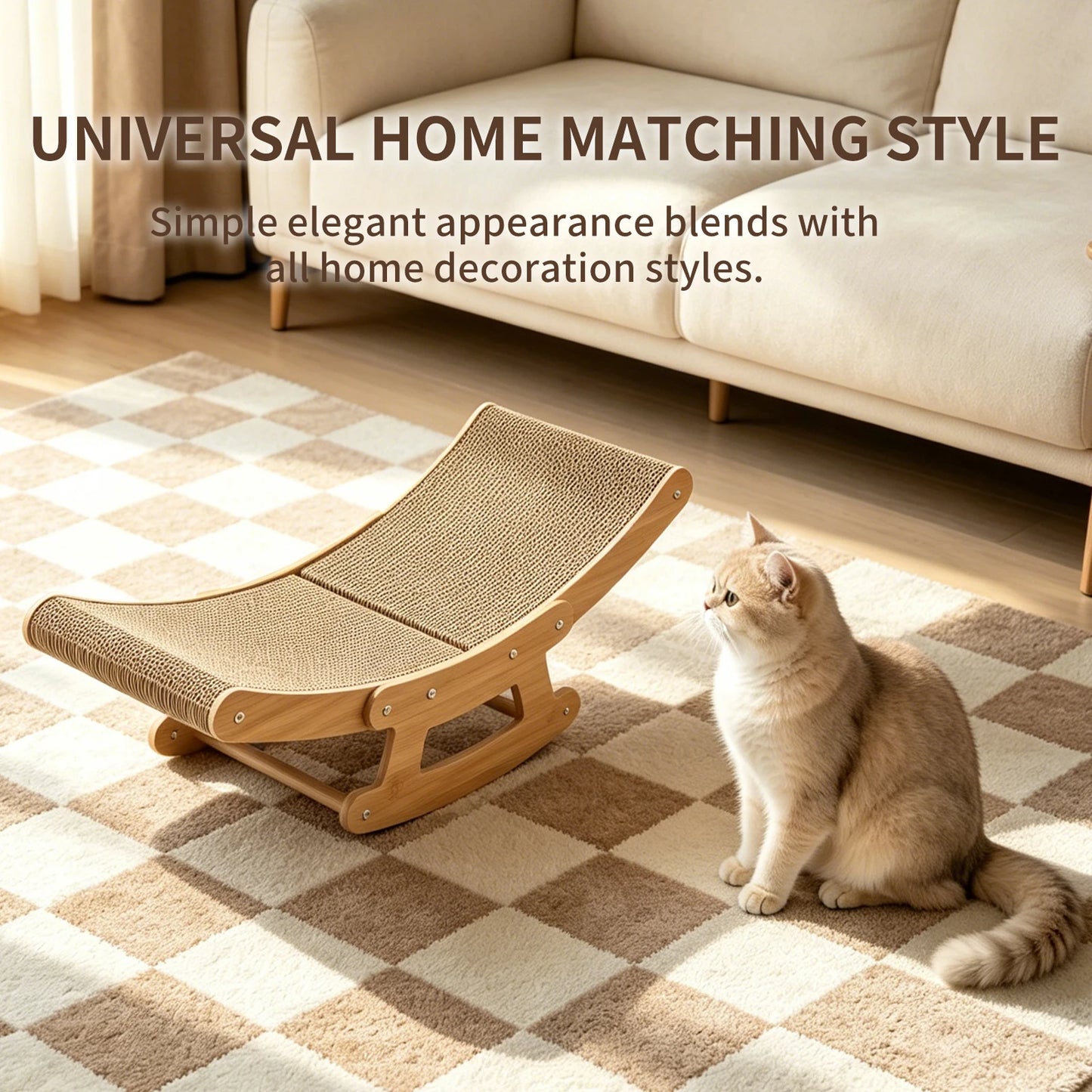 Cat Rocking Scratcher Chair for Indoor Cats, 2-in-1 Natural Corrugated Cardboard Cat Scratching Lounge, Wooden Frame Rocker Bed, Multi-Functional Cat Resting Hammock Furniture, Easy to Assemble