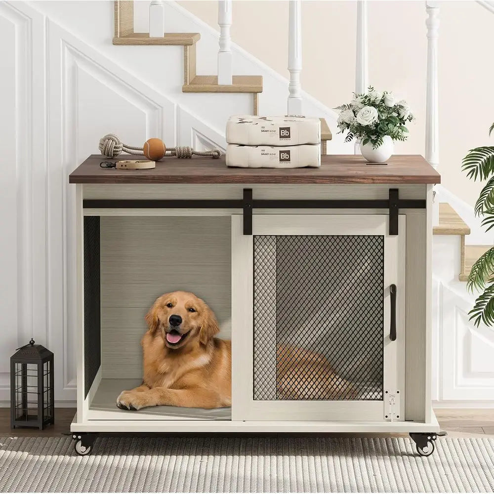 37 Sliding Barn Door Dog Crate Furniture, Wooden Top Kennel End Table, Medium Dog House, Two-Tone Brown & White