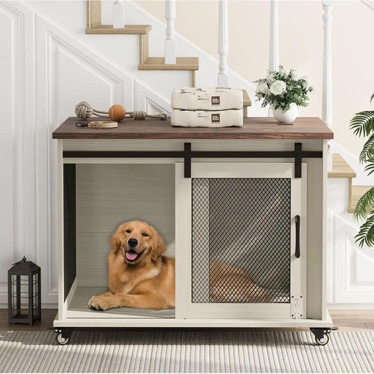 37 Sliding Barn Door Dog Crate Furniture, Wooden Top Kennel End Table, Medium Dog House, Two-Tone Brown & White