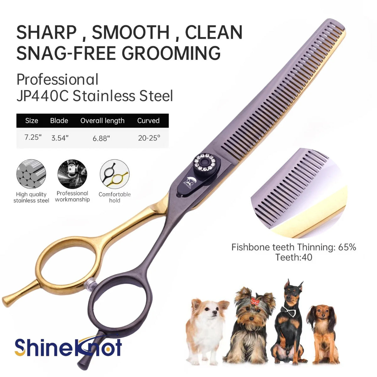 SHINEKNOT Pet Grooming Scissors 7.0-Inch Black Goldfish Bone Dense Teeth Curved Teeth Scissors For Trimming Hair Pet Scissors