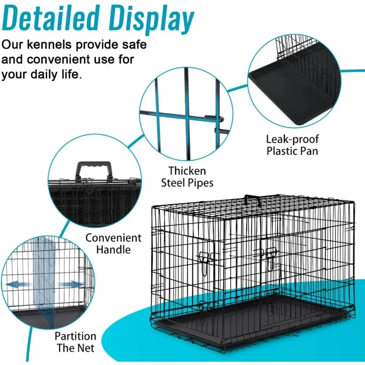 24 Inch Foldable Metal Dog Crate with Double Doors Divider Tray for Small Pets