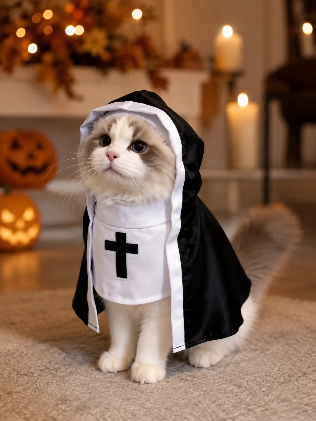 Lightweight Comfortable Pet Cosplay Hooded Cape Outfit, For Small Medium Cats Dogs, Smooth Satin Fabric With Embroidered Cross Pattern, Pet Halloween Costume Cloak, Festival Dress‑up Apparel, Theme Party Props For Cosplay G