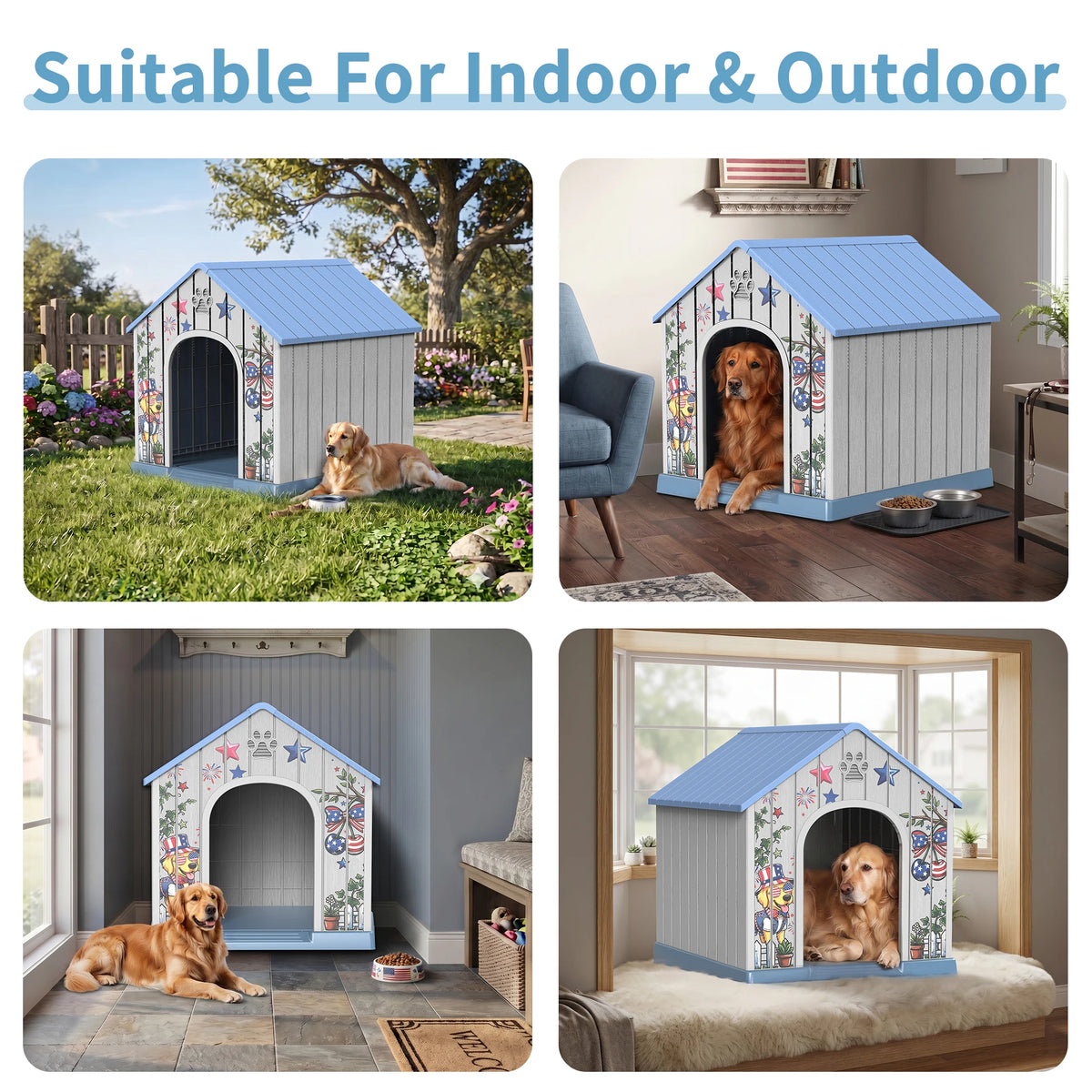 Outdoor Plastic Dog House, Weatherproof Pet Shelter with Printed Pattern Door, Outdoor Dog Cabin for Small Medium Dogs