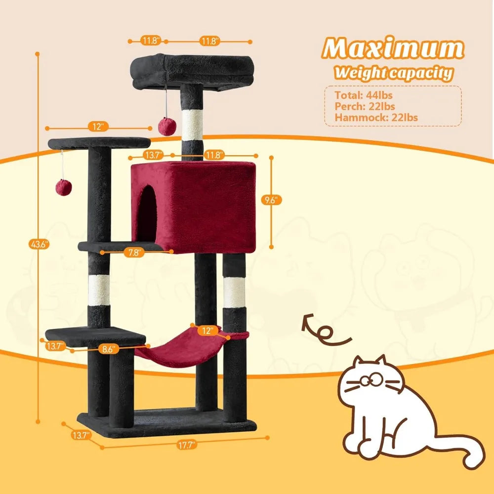 44 Inch Cat Tree Tower with Sisal Scratching Posts Hammock Condo for Indoor Cats Kittens Play Black Red