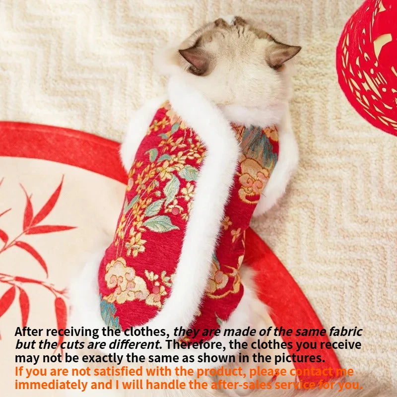 New Year's Pet Dog Cat Clothing Autumn Winter Thick Velvet Dog Red Vest Tang Clothing Teddy Bear Chinese Pet Cat VestCat Clothes