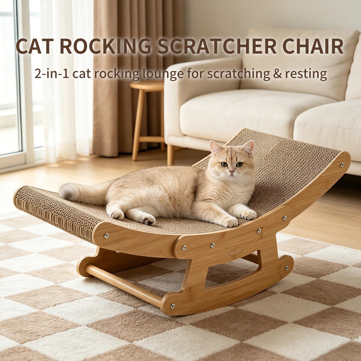 Cat Rocking Scratcher Chair for Indoor Cats, 2-in-1 Natural Corrugated Cardboard Cat Scratching Lounge, Wooden Frame Rocker Bed, Multi-Functional Cat Resting Hammock Furniture, Easy to Assemble