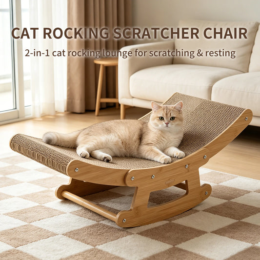 Cat Rocking Scratcher Chair for Indoor Cats, 2-in-1 Natural Corrugated Cardboard Cat Scratching Lounge, Wooden Frame Rocker Bed, Multi-Functional Cat Resting Hammock Furniture, Easy to Assemble
