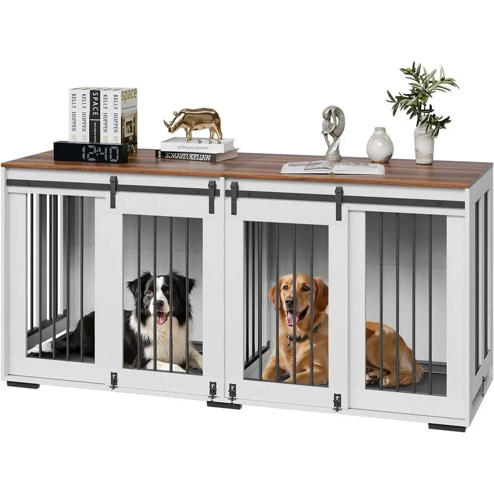 Dual Dog Crate Furniture with Sliding Doors, Large TV Stand Style, Removable Tray, Suitable for Small to Large Dogs, White Steel