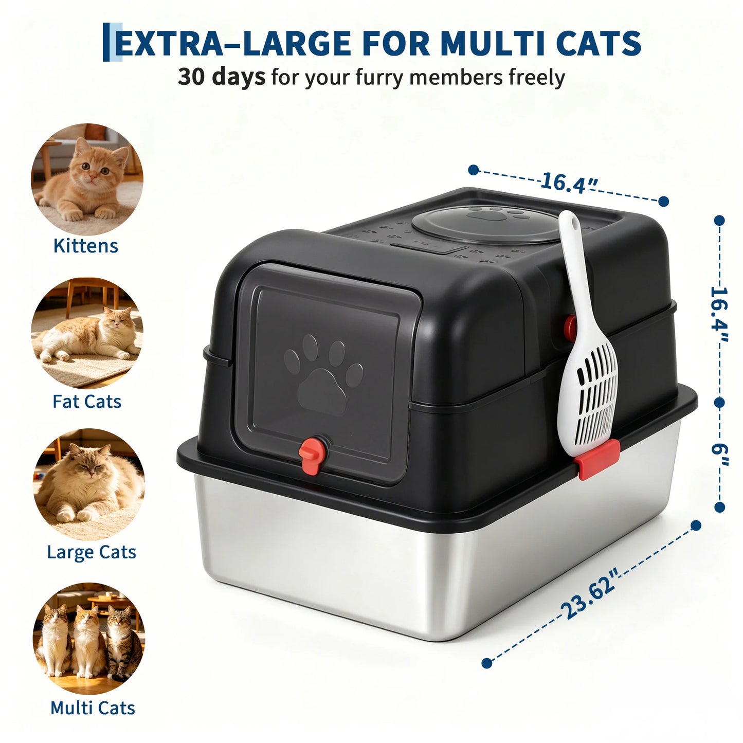 Dog Proof Litter Box Large Stainless Steel Cat Litter Box with Lid, XL Enclosed Metal Litter Pan, Front Entry Top Exit, High-Sided Anti-Leak, Includes Scoop for Big Cats & Multi-Cat Home