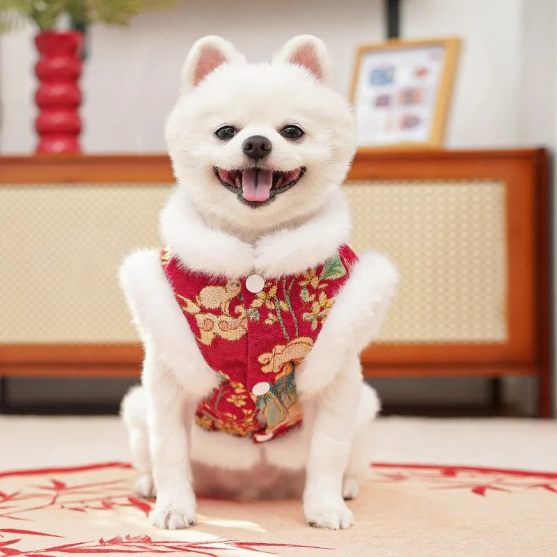 New Year's Pet Dog Cat Clothing Autumn Winter Thick Velvet Dog Red Vest Tang Clothing Teddy Bear Chinese Pet Cat VestCat Clothes
