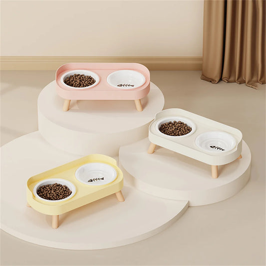 Pet cat double bowl feeder, adjustable height cat and dog water dispenser, elevate feeding kitten supplies