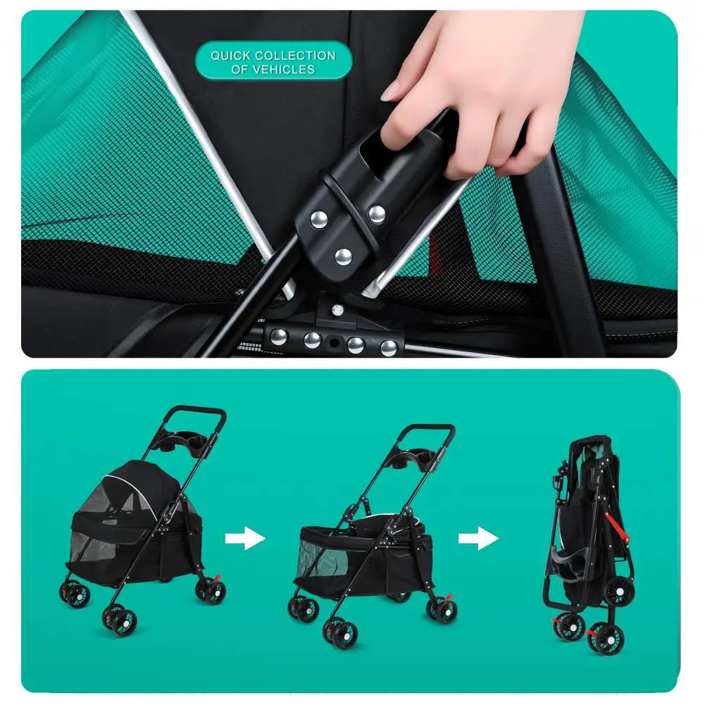 Dog Cat Stroller, Outdoor Travel Pet Cart Folding Stroller With Cup Holder, Visible Mesh Cage Stroller for Medium Small Dog