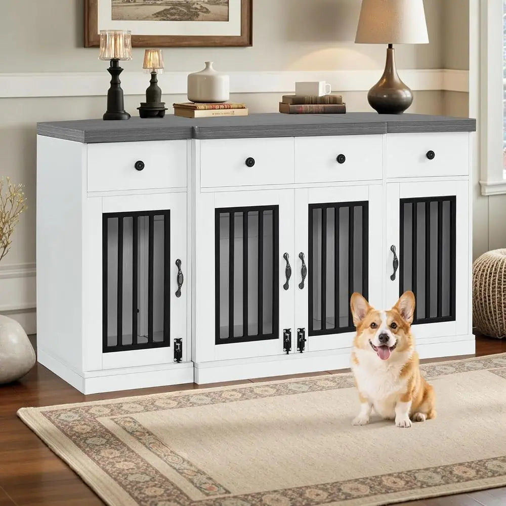 Medium/Large Dog Wooden Crate Furniture with 4 Drawers and 4 Lockable Doors, Pet Kennel TV Stand, White and Grey