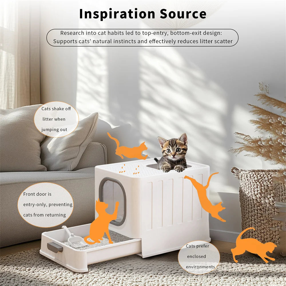 Large Cat Litter Box Pet Toilet Skylight Enclosed Drawer Scoop Covered Tray Pet Kitten Training Toilet with Scoop