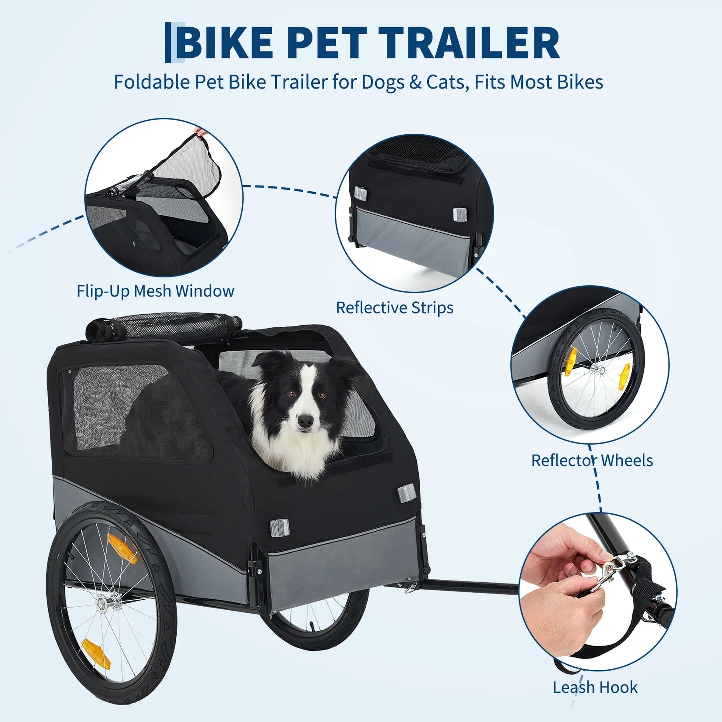Foldable Dog Bike Trailer, Heavy Duty Steel Frame Pet Bike Carrier, 100 LBS Capacity Oxford Fabric Dog Carrier Bicycle Trailer with Mesh Window Reflectors for Medium Large Dogs & Cats, Black