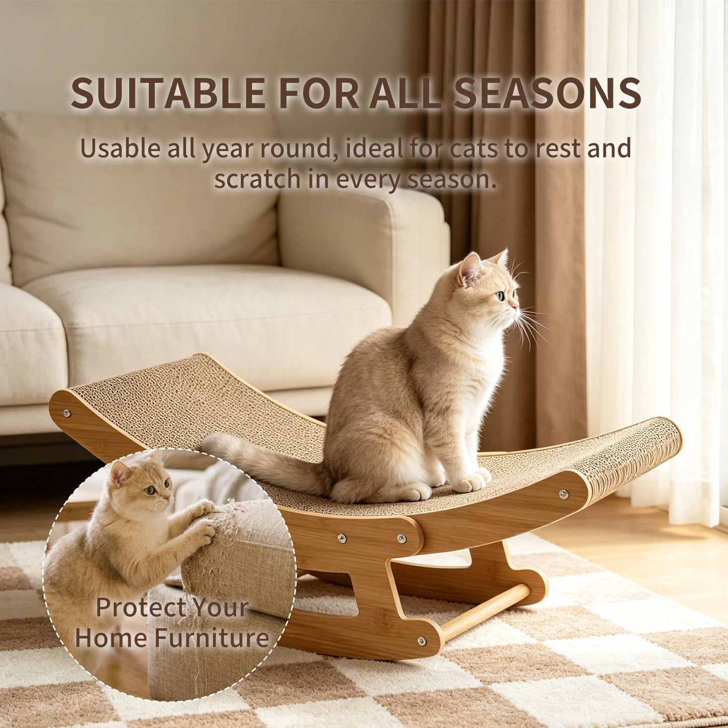Cat Rocking Scratcher Chair for Indoor Cats, 2-in-1 Natural Corrugated Cardboard Cat Scratching Lounge, Wooden Frame Rocker Bed, Multi-Functional Cat Resting Hammock Furniture, Easy to Assemble