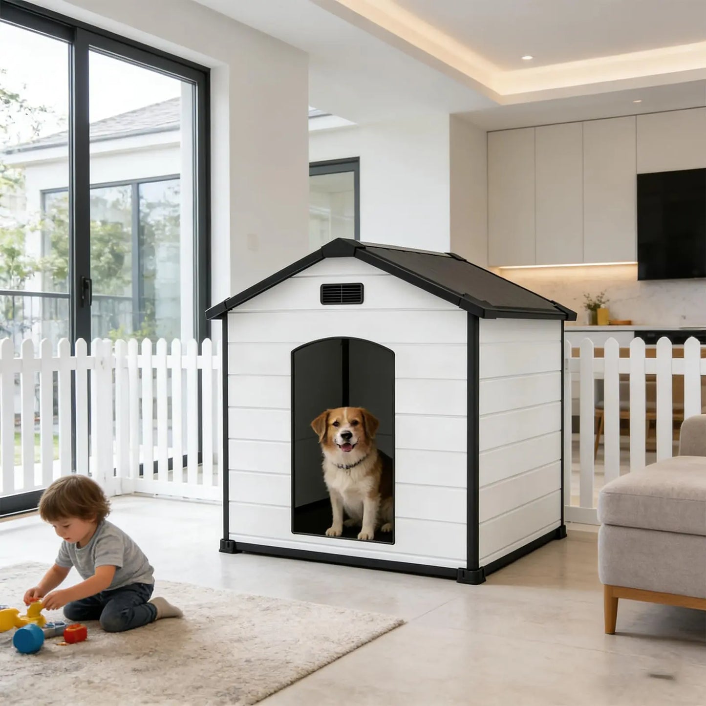 Outdoor Dog House, Waterproof Insulated Dog Kennel with Elevated Floor and Removable Roof, Durable Plastic Pet Shelter for Backyard, for Large Dogs, 46" L x 40" W x 40" H, Cement Gray