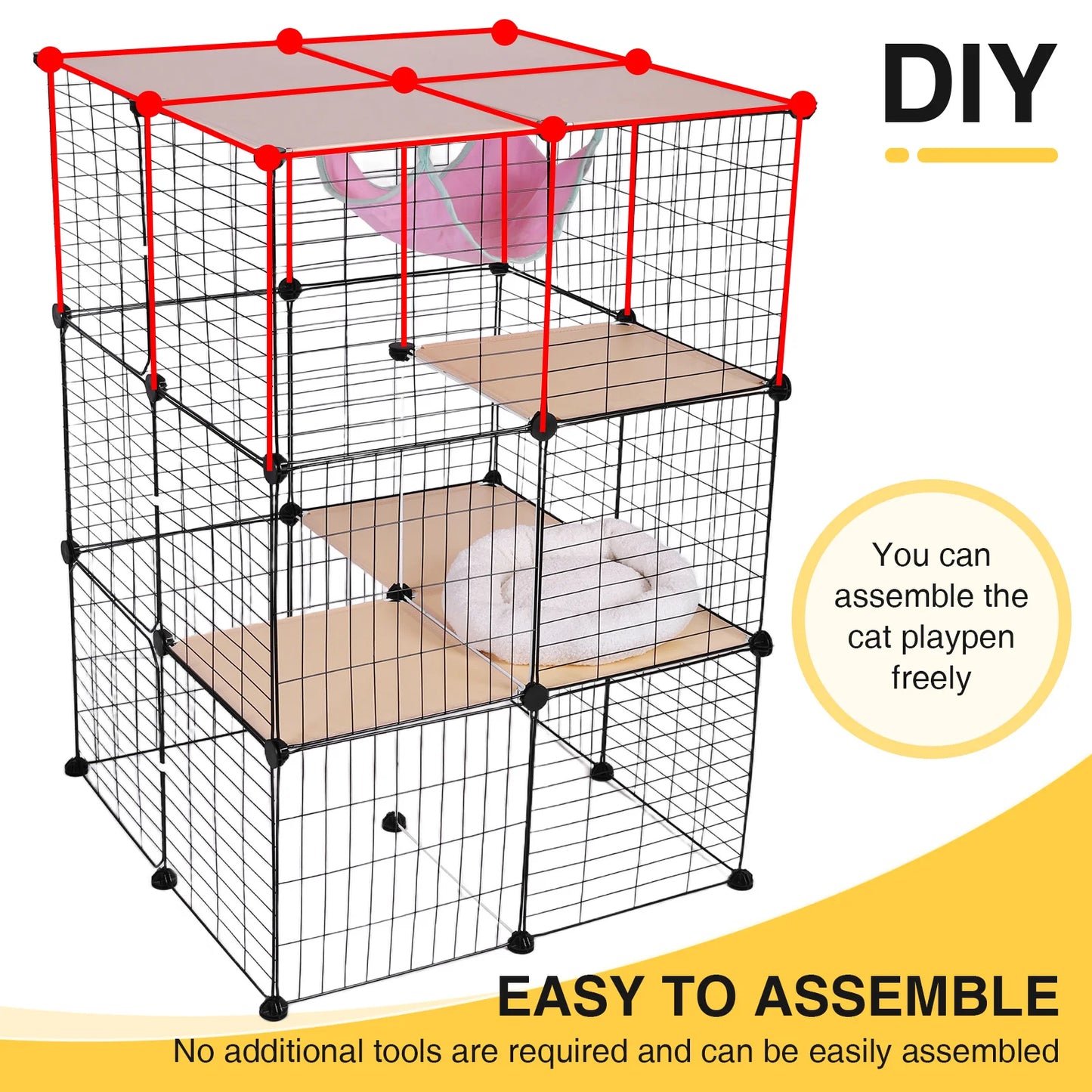 3 Tiers Detachable Cat Cage & Hammock and Bed Cat Wire Kennel Crate Kitten Playpen Cage Large Exercise Place Ideal for 1-3Cats