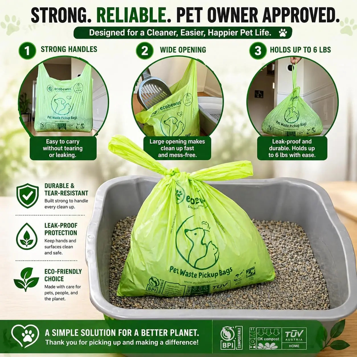 XL Compostable Dog Poop Bags (120 ct) - Plant-Based, Leak-Proof, ASTM D6400 & OK Compost Home Certified