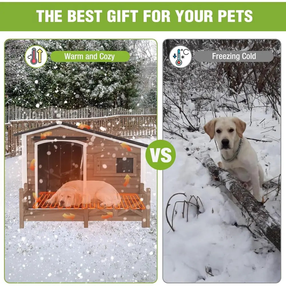 Insulated & Heated Outdoor Dog Kennel for Large, Medium & Small Dogs in Winter, Heavy-Duty Iron, Deep Brown