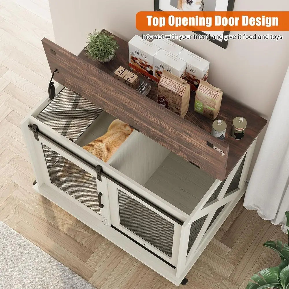 37 Sliding Barn Door Dog Crate Furniture, Wooden Top Kennel End Table, Medium Dog House, Two-Tone Brown & White