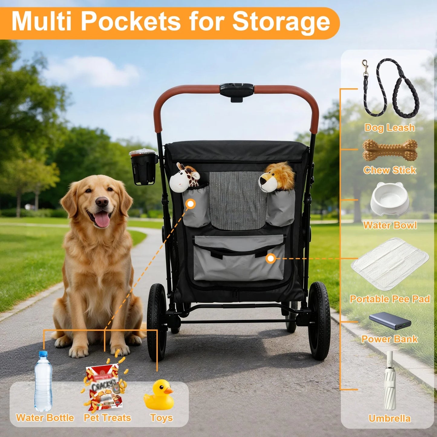 One-Click Folding Dog Stroller for Large Dogs Outdoor Pet Jogger Wagon Stroller Carrier with Storage Pockets 4 Wheels Pet Travel Stroller