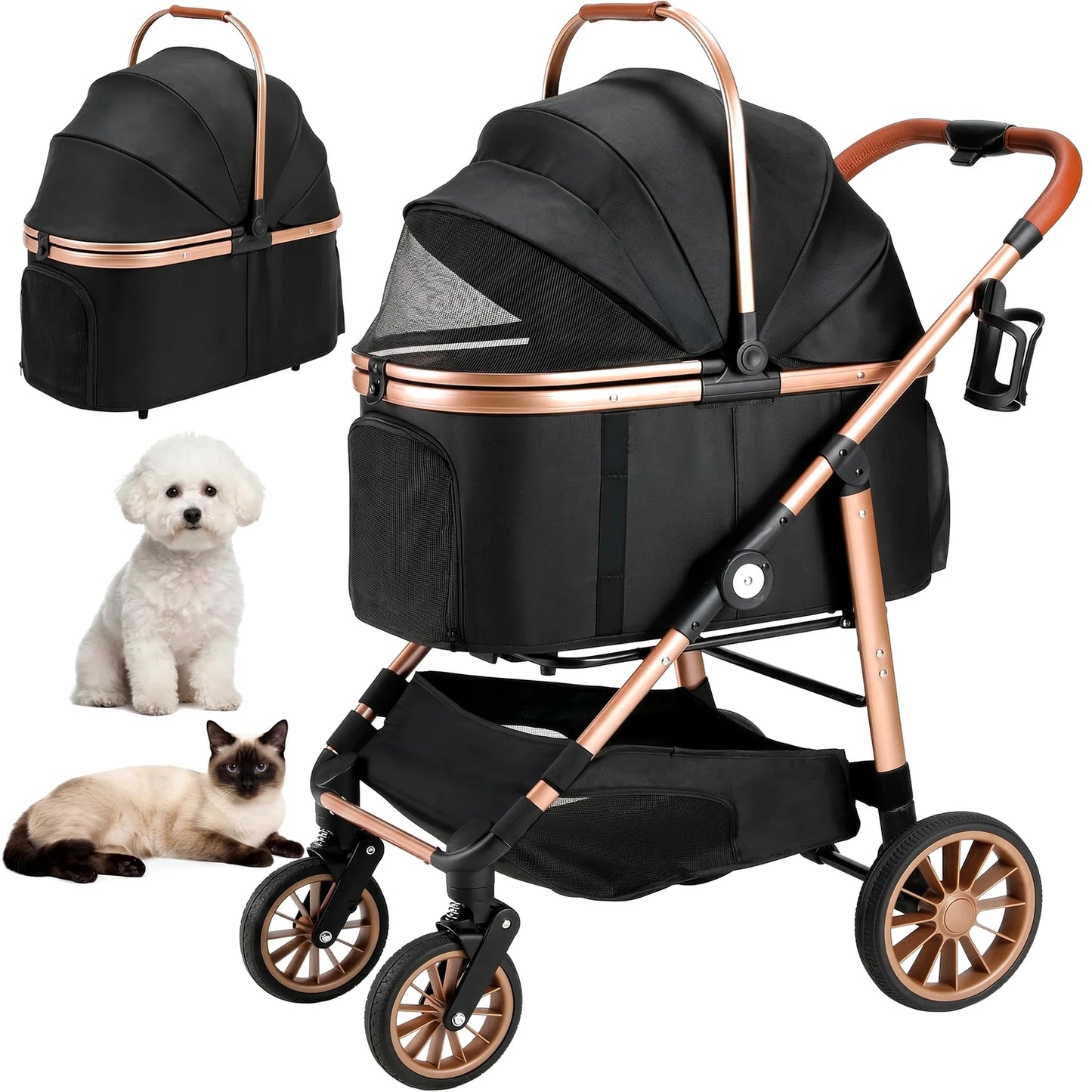 Foldable Pet Stroller for Medium Dog Cat Up to 55 lbs,All-Terrain 3-in-1 Dog Stroller with Carrier,Storage Basket,Cup Holder