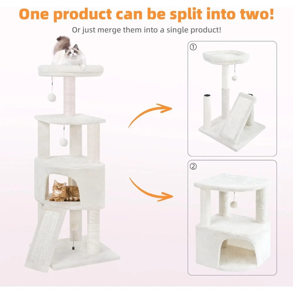 45 Inch Multi Level Cat Tower with Condo Scratching Posts Board and Toys for Indoor Small Spaces Beige