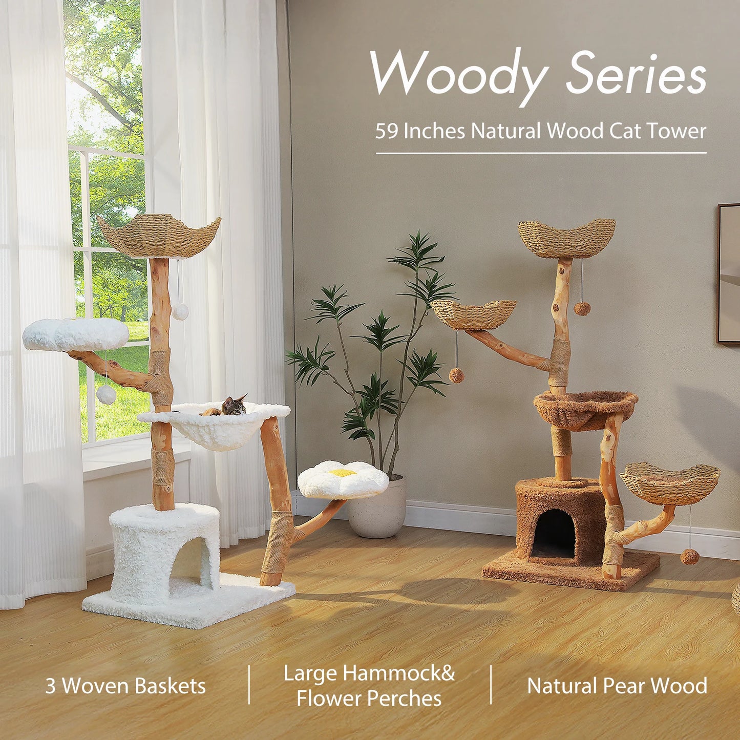 Large Cat Tree Tower with Sisal Scratching Post Wicker Basket Bed Flower Cat Condo Indoor Modern Cat Furniture Cat Accessories