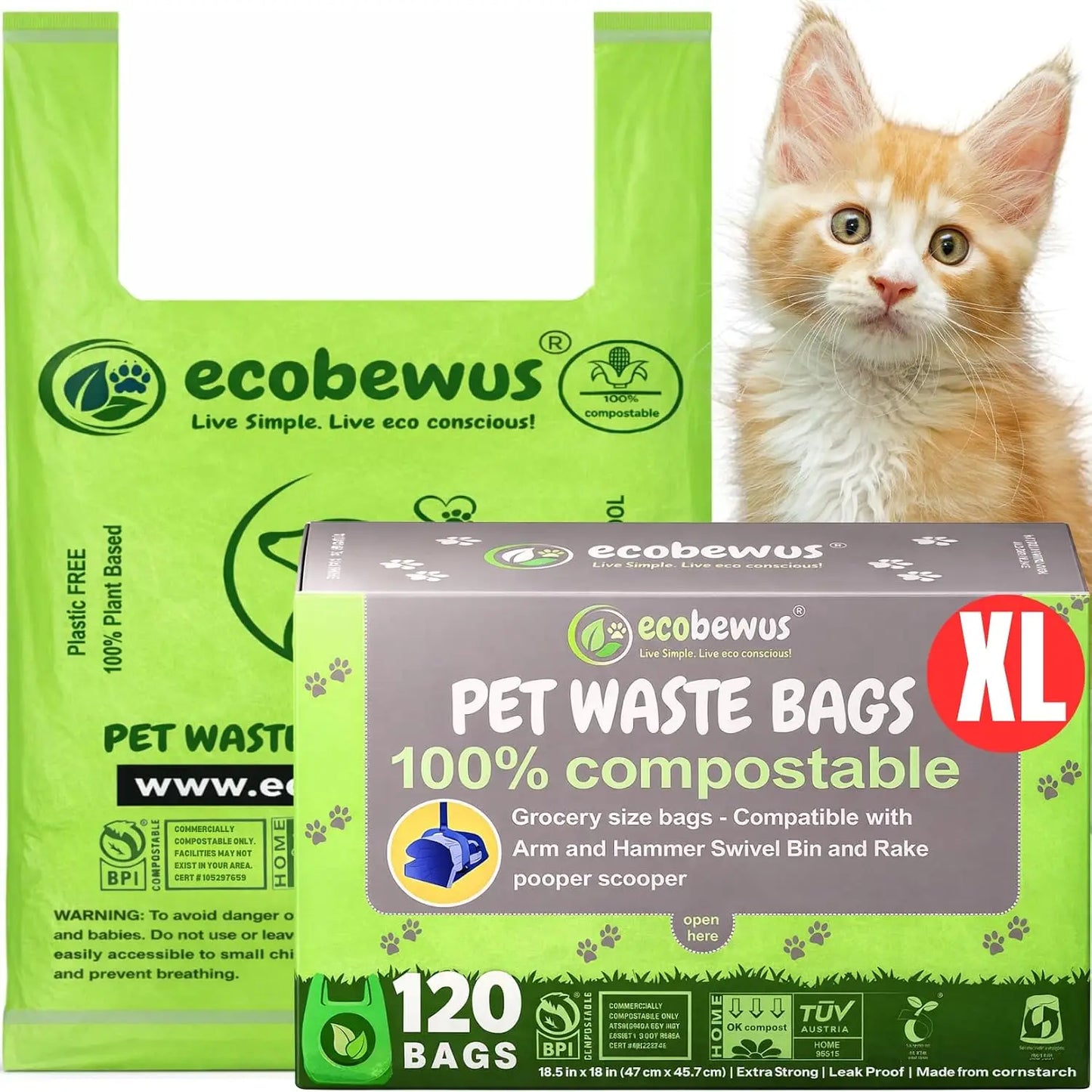 XL Compostable Dog Poop Bags (120 ct) - Plant-Based, Leak-Proof, ASTM D6400 & OK Compost Home Certified