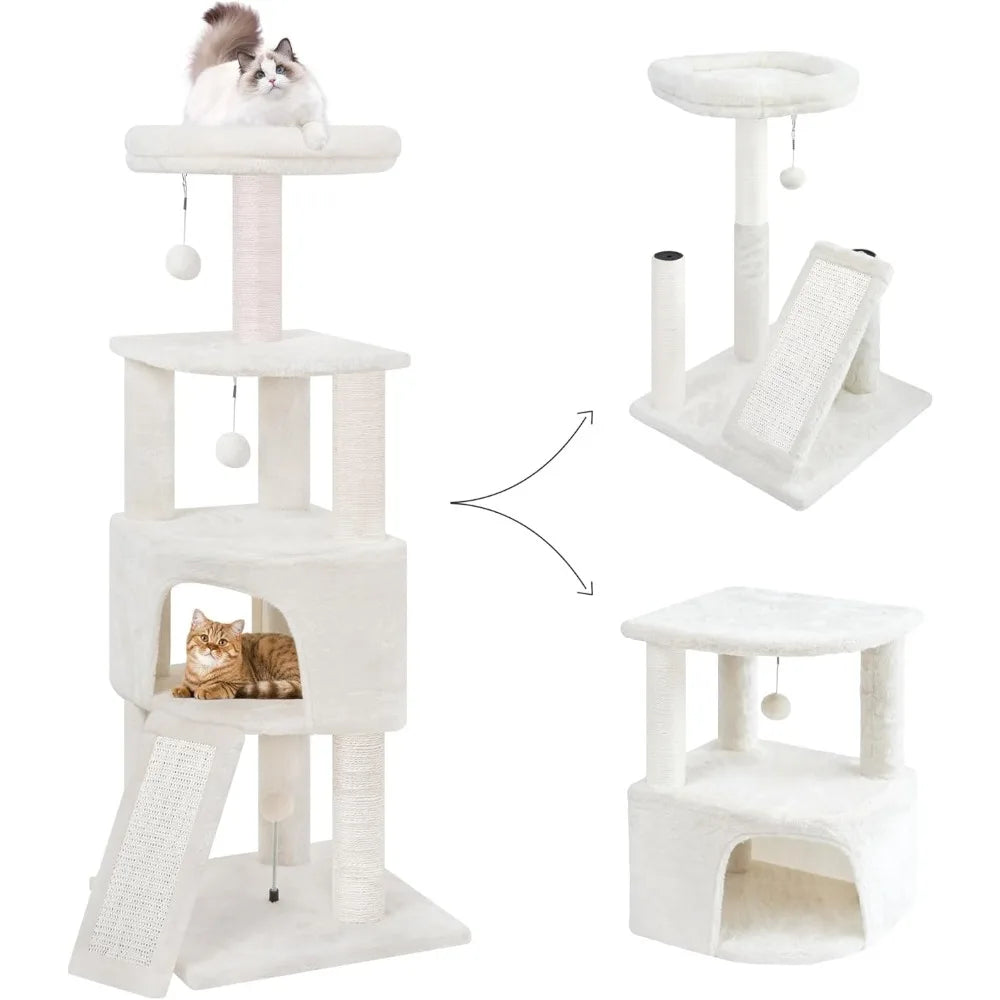 45 Inch Multi Level Cat Tower with Condo Scratching Posts Board and Toys for Indoor Small Spaces Beige