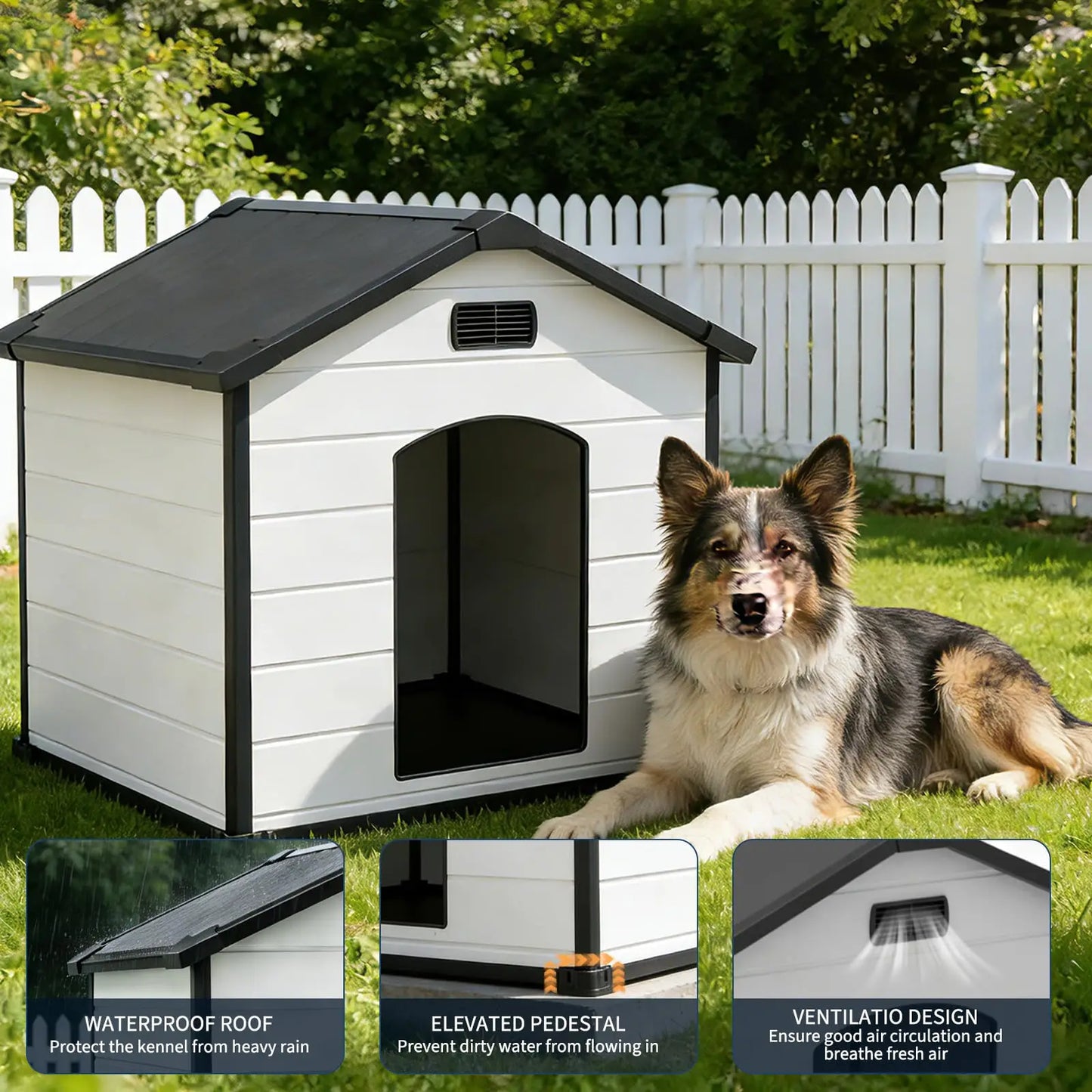 Outdoor Dog House, Waterproof Insulated Dog Kennel with Elevated Floor and Removable Roof, Durable Plastic Pet Shelter for Backyard, for Large Dogs, 46" L x 40" W x 40" H, Cement Gray