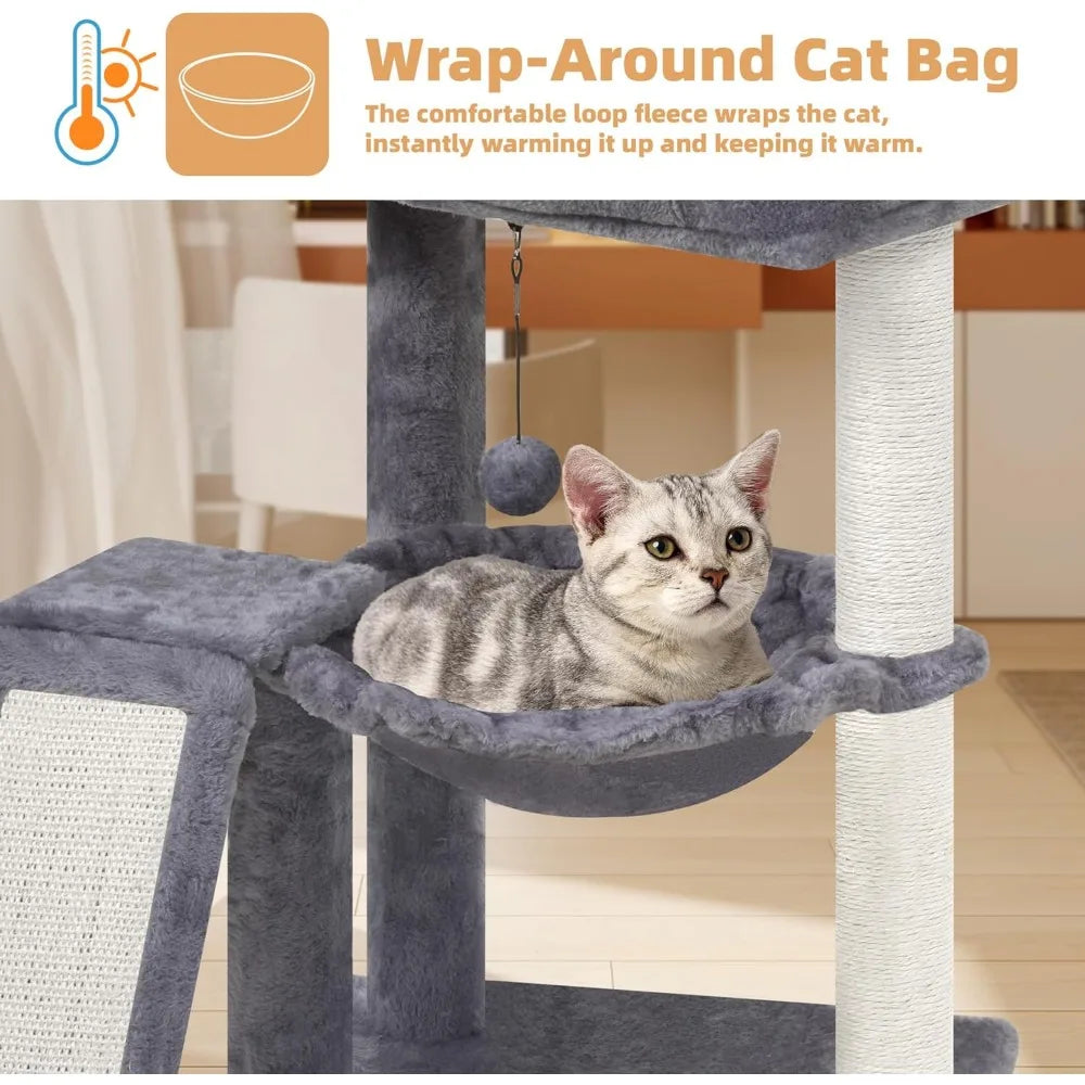 Cat Tree Tower with Scratching Posts Board Hammock and Toy Balls for Indoor Cats Grey