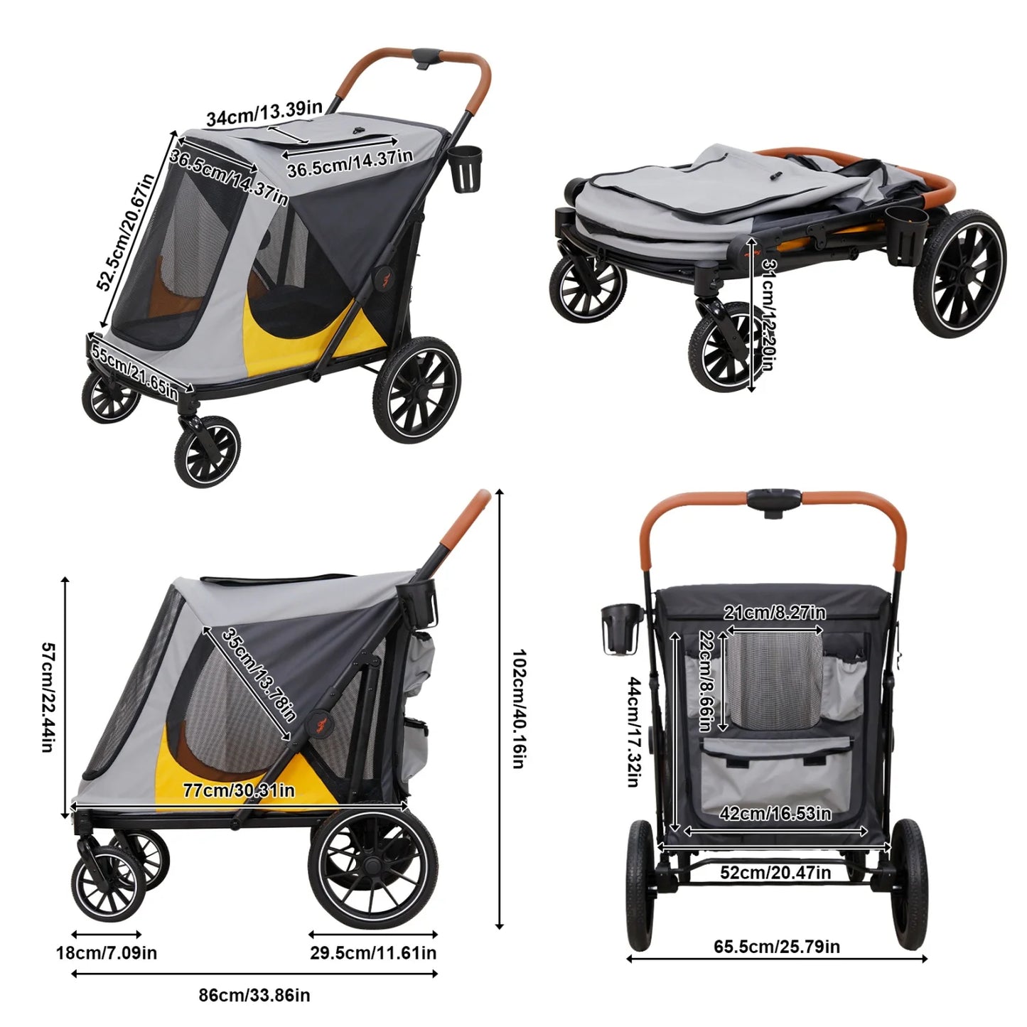One-Click Folding Dog Stroller for Large Dogs Outdoor Pet Jogger Wagon Stroller Carrier with Storage Pockets 4 Wheels Pet Travel Stroller