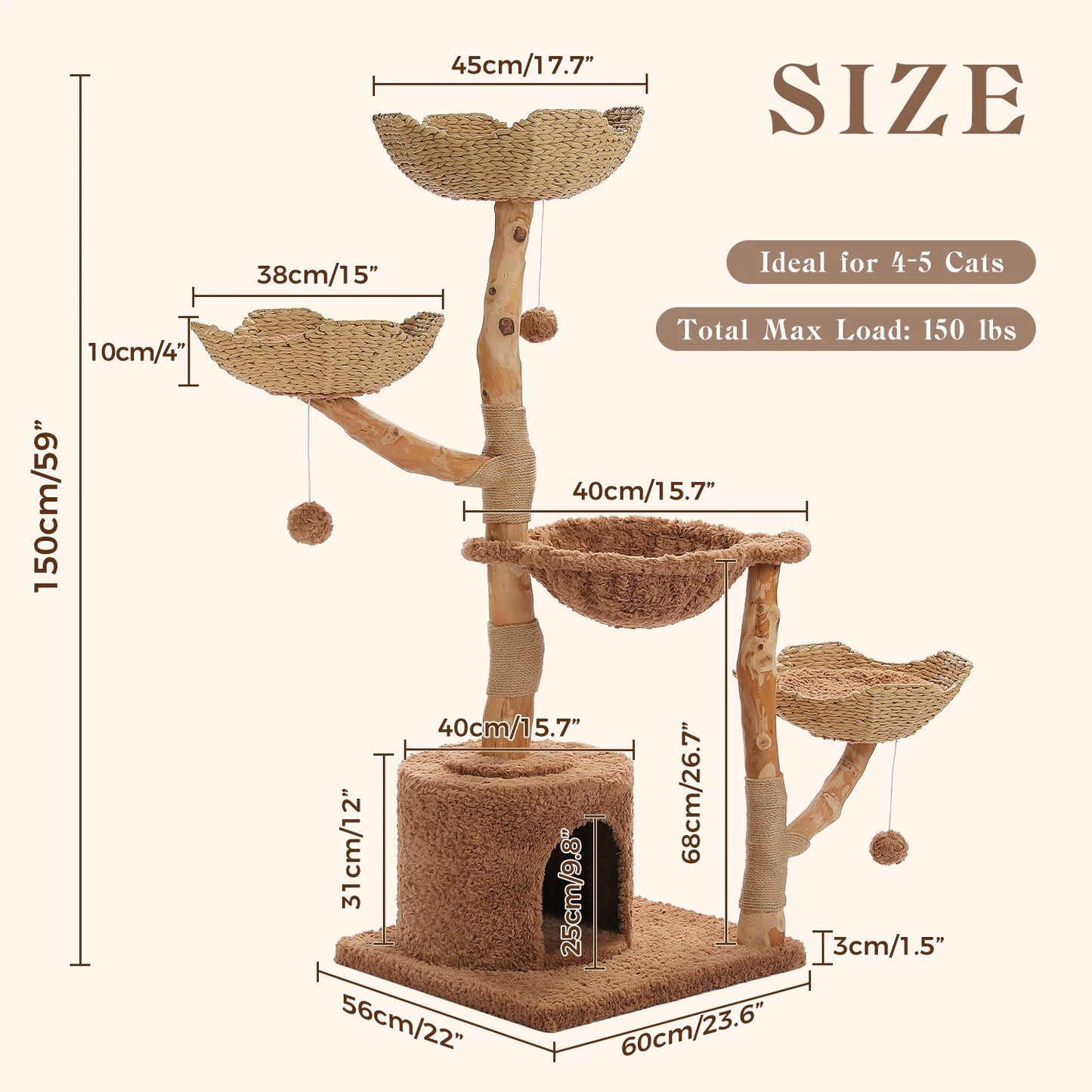Large Cat Tree Tower with Sisal Scratching Post Wicker Basket Bed Flower Cat Condo Indoor Modern Cat Furniture Cat Accessories