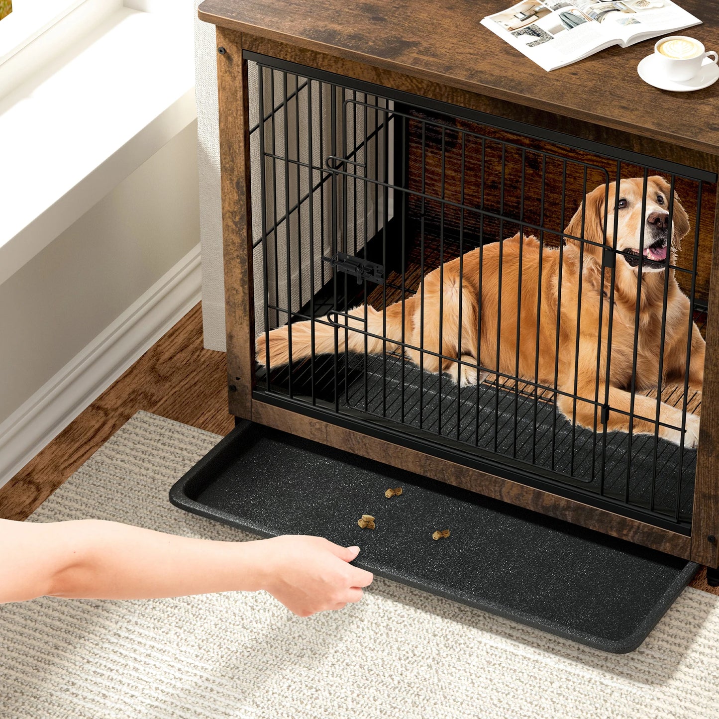 Spacious Brown Wooden Dog Cage End Table Pet Kennel Crate Indoor Furniture for Medium to Large Dogs Animal Cage