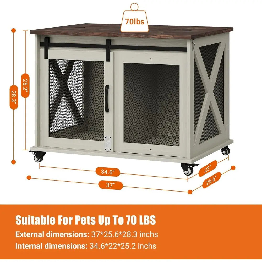 37 Sliding Barn Door Dog Crate Furniture, Wooden Top Kennel End Table, Medium Dog House, Two-Tone Brown & White