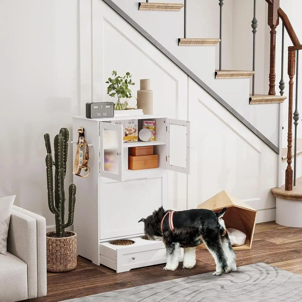 Dog Feeding Station with 2 Storage Cabi, Elevated Bowls, Side Hooks, Anti-tip Kit, Hidden Pet eeder Station or eeding & Watering,