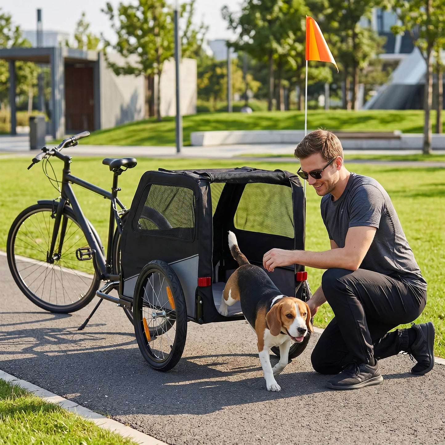 Foldable Dog Bike Trailer, Heavy Duty Steel Frame Pet Bike Carrier, 100 LBS Capacity Oxford Fabric Dog Carrier Bicycle Trailer with Mesh Window Reflectors for Medium Large Dogs & Cats, Black