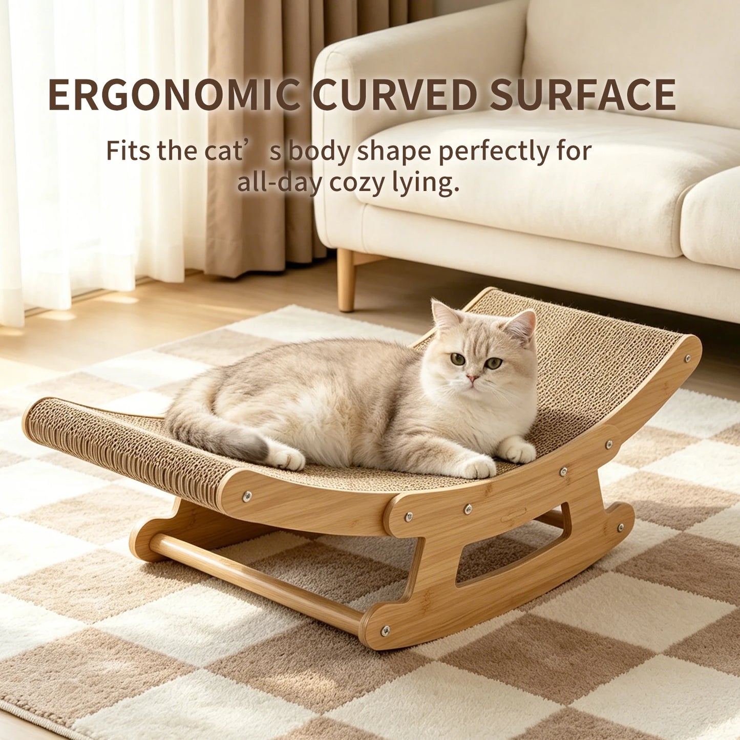 Cat Rocking Scratcher Chair for Indoor Cats, 2-in-1 Natural Corrugated Cardboard Cat Scratching Lounge, Wooden Frame Rocker Bed, Multi-Functional Cat Resting Hammock Furniture, Easy to Assemble