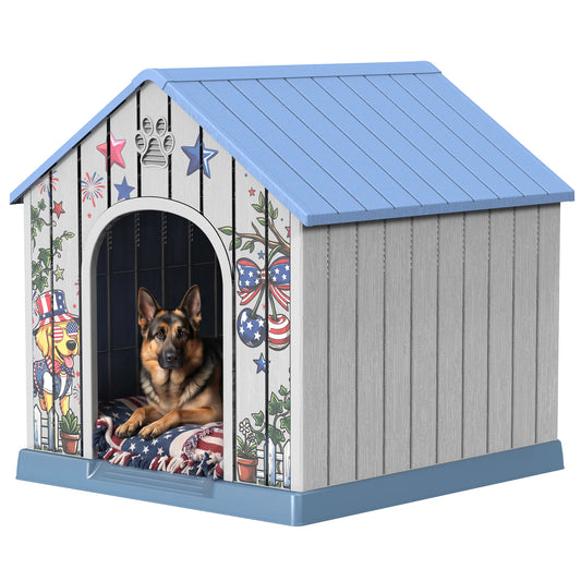 Outdoor Plastic Dog House, Weatherproof Pet Shelter with Printed Pattern Door, Outdoor Dog Cabin for Small Medium Dogs