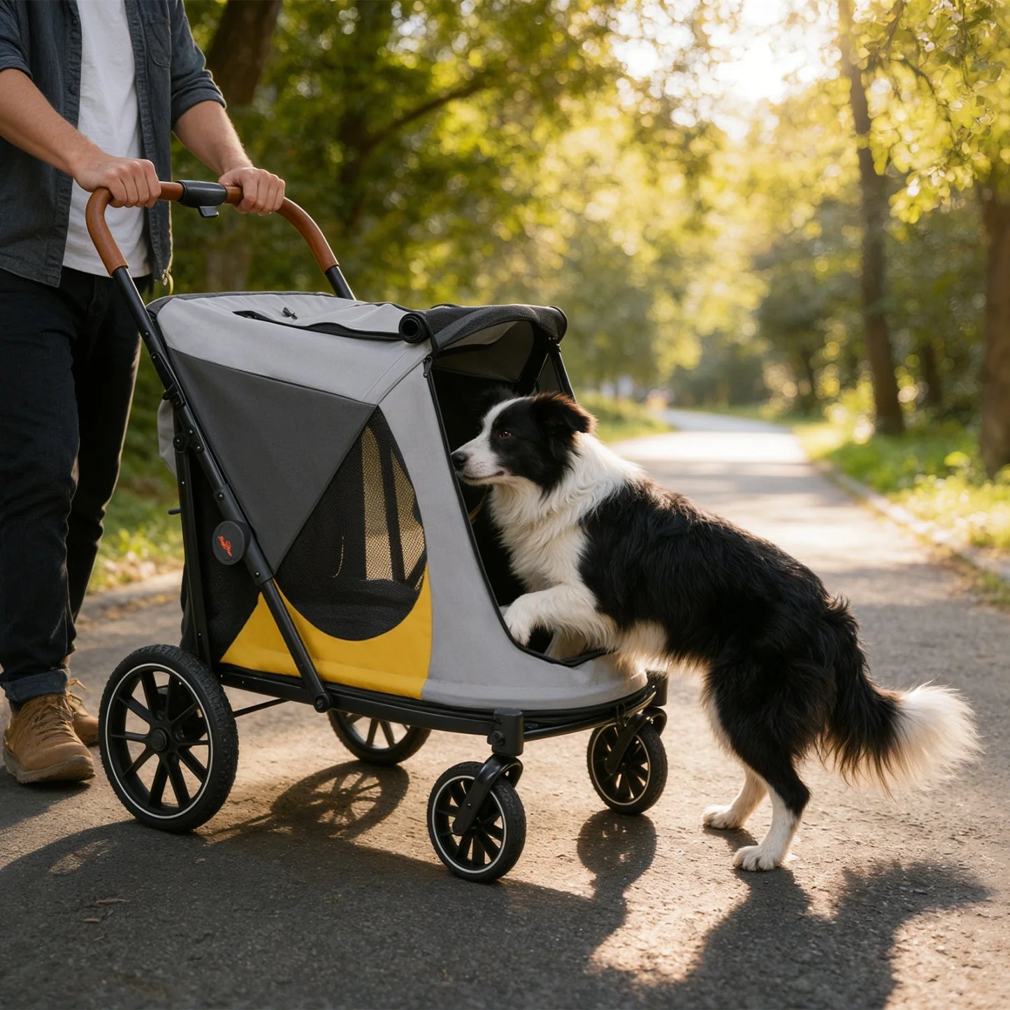 One-Click Folding Dog Stroller for Large Dogs Outdoor Pet Jogger Wagon Stroller Carrier with Storage Pockets 4 Wheels Pet Travel Stroller