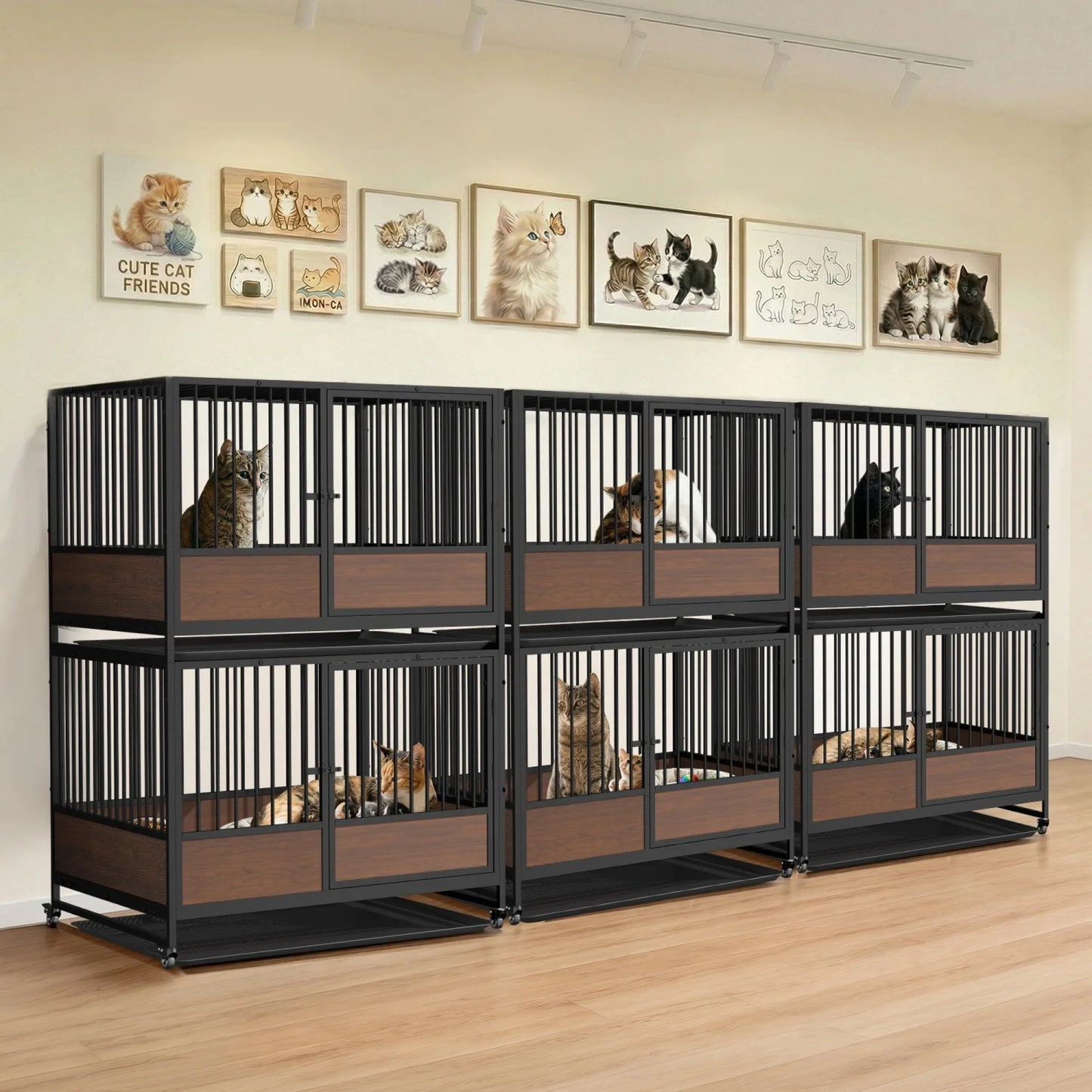 Furniture Style Metal Cat Cage Pet Kennel Roliing Cat Kittens Whelping Crate with Removable Tray for Homes Pet Shops